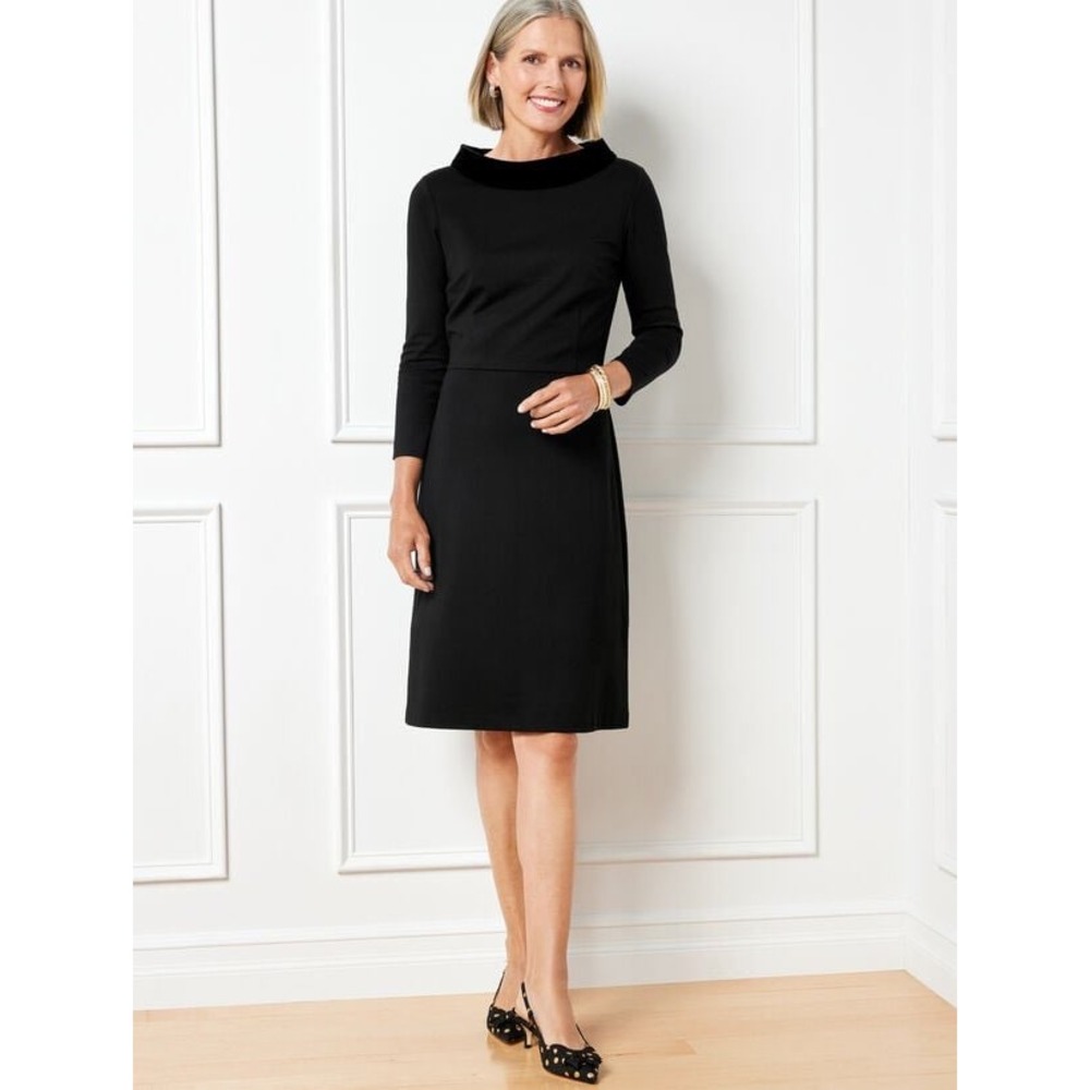 Talbots Velvet Trim Ponte Knit Dress Women 12 Black NWT Mock Neck 3/4 Sleeve